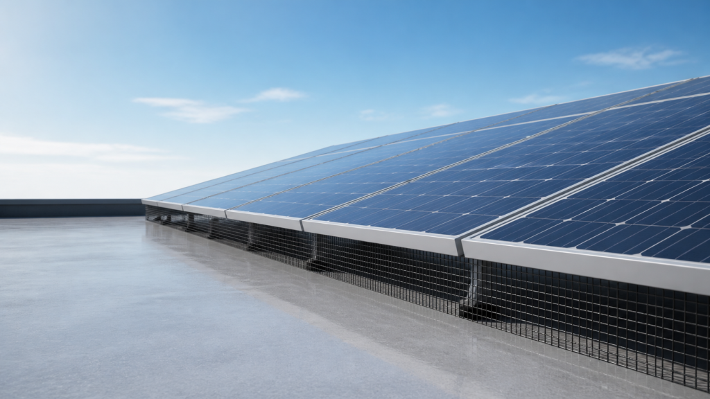 Premium rooftop solar panel array with black bird guard mesh installed below panel edges
