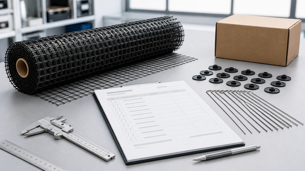 Solar bird mesh RFQ desk with mesh roll hook wires retaining discs caliper and checklist
