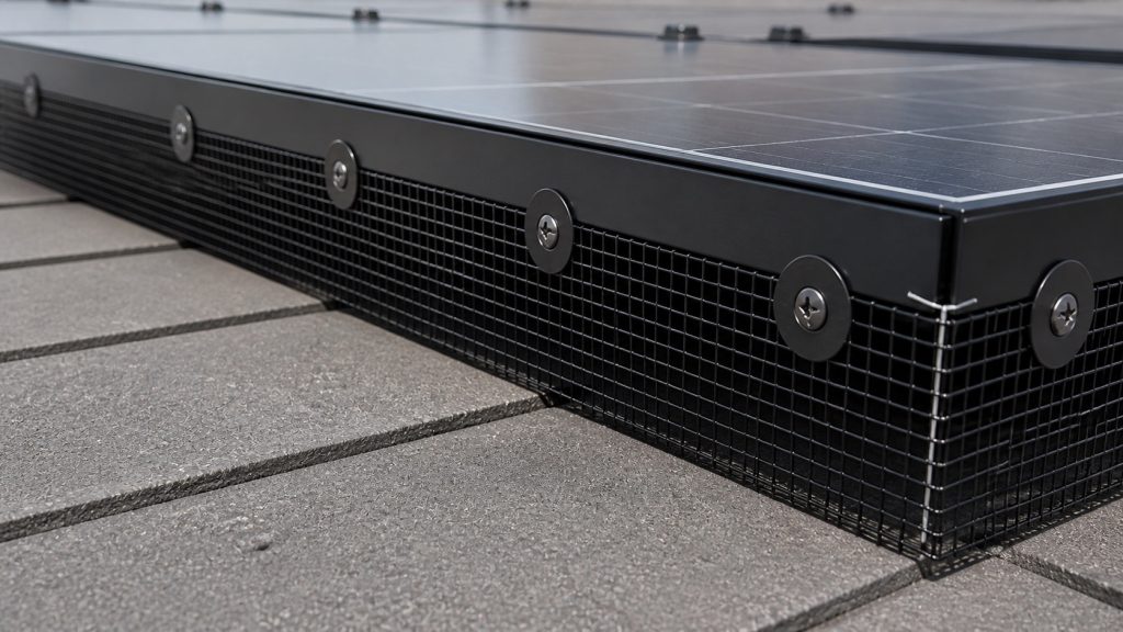 Solar panel bird guard mesh edge detail
